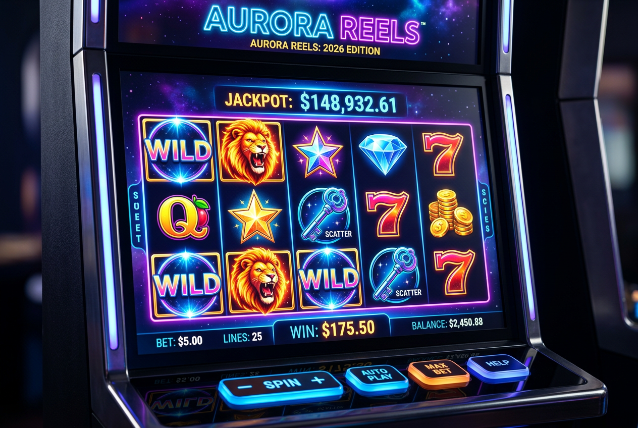 Vibrant digital slot machine screen with high-quality graphics and neon lighting.